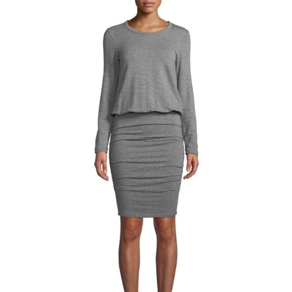 NEW SUNDRY Heather Grey Long Sleeve Knit Blouson Ruched Elastic Waist Dress 0 XS